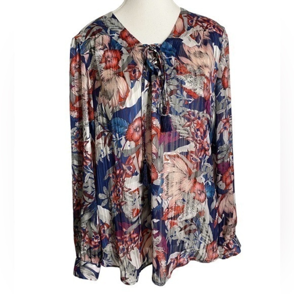 Faded Glory Women's Metallic Floral Blouse/Top Red Blue & Silver Size Large
